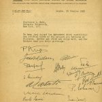 Telegram to Isidor Rabi with over 20 signatures on which is typed We have just signed the agreement which constitutes the official birth of the project you fathered at Florence. Mother and child are doing well