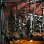 Colour photograph of detail of a miniature machine workshop model from late 1800s on display in the Science Museum London