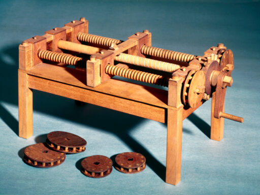 Colour photograph of a working wooden model of a machine for cutting wooden screws