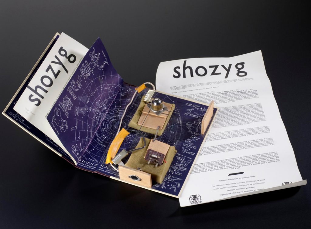 Colour photograph of a self built electro acoustic musical instrument by Hugh Davies