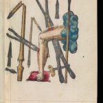Book illustration showing typical war wounds and treatment from 1628