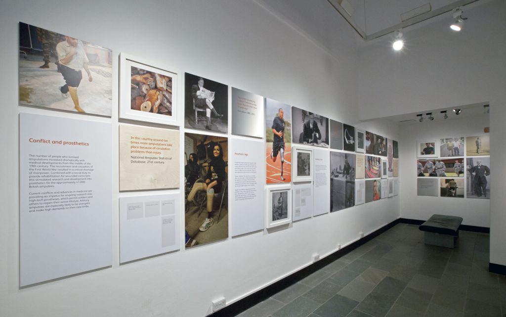 Colour photograph of a display wall in the Reconstructing Lives exhibition