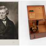 Photogravure portrait of Georg Simon Ohm alongside a colour photograph of a standard one ohm resistor circa1883