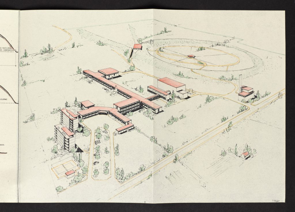 An architectural pen and ink drawing of the CERN complex showing several buildings and a large circular below ground structure