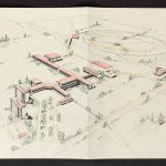 An architectural pen and ink drawing of the CERN complex showing several buildings and a large circular below ground structure