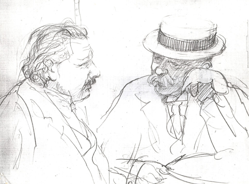 Pencil sketch of two moustachioed men in conversation
