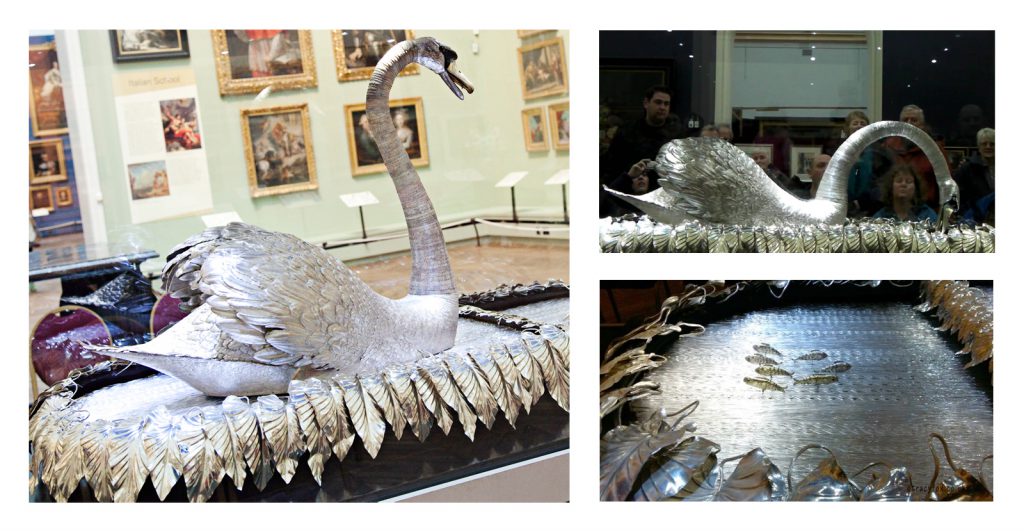 Composite image of three colour photographs of a silver mechanical swan model at the Bowes Museum