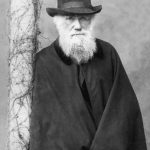 A black and white photograph of Charles Darwin in his later years. Pictured leaning against a tree