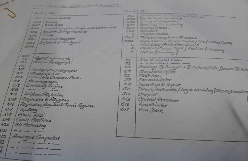 A list of items in the Mathematics and Computers gallery of the Science Museum