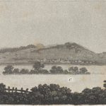 Print of an engraving of a landscape scene with very low lying clouds