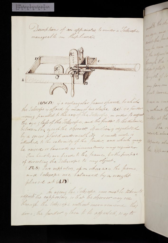 Pen and ink notes and a sketch of a shoulder mounted instrument for using a telescope on a ship from 1824