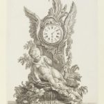 Title page to A Book of Ornaments showing a print of an ornate clock with a small child underneath