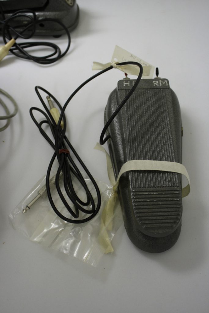 Colour photograph of a Volume control pedal by Schaller modified by Hugh Davies to incorporate a self built ring modulator circuit