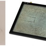 Engraving portrait of Michael Faraday alongside a colour photograph of a glazed frame containing delineation of lines of magnetic force by iron filings