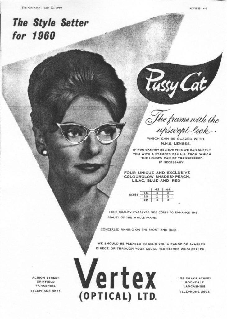 Black and white print advertisment from 1960 by Vertex Optical showing a woman wearing Pussy Cat upswept spectacles