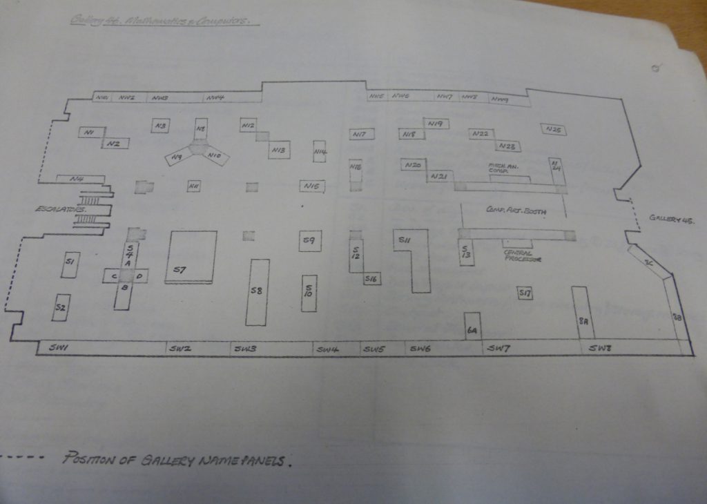 Drawing of the layout of the Mathematics and Computers gallery of the Science Museum