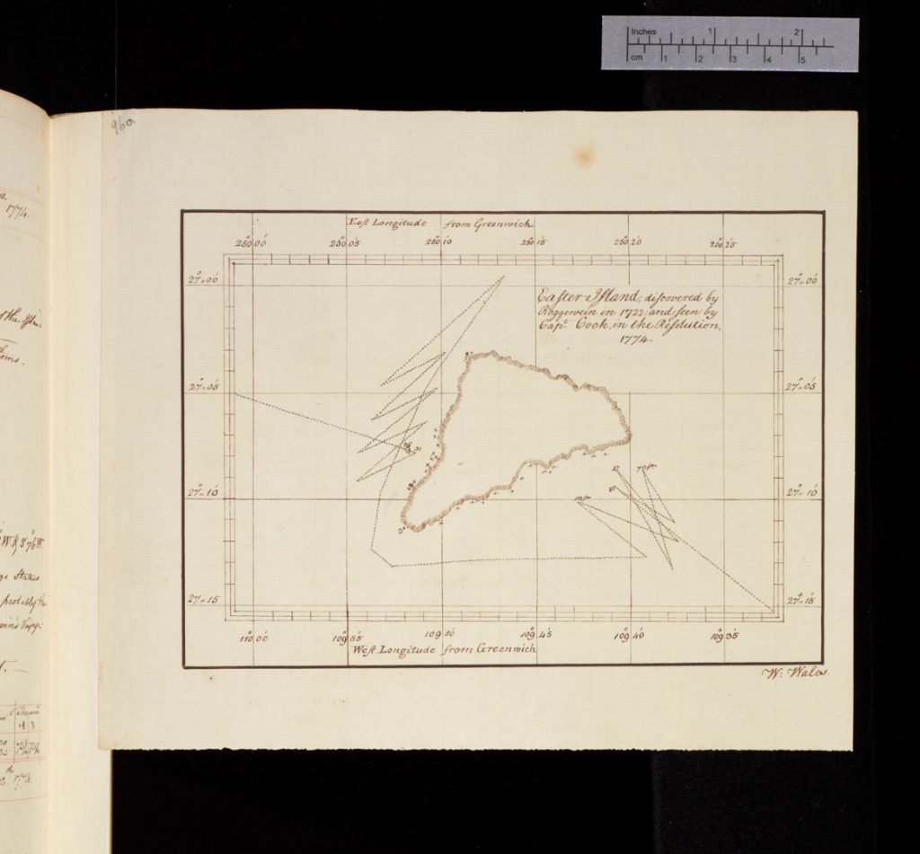 Accurate pen and ink drawing of Easter Island from 1774