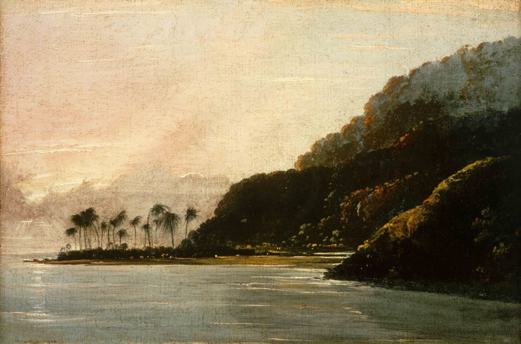 Oil painting from 1776 of a tropical island coast at sunset