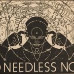 Black and white noise abatement society poster depicting a figure with fingers in ears surrounded by sources of noise with the slogan no needless noise