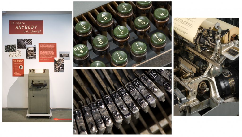 Collage of 4 colour photographs showing a 1930s teleprinter on display along with detail close ups of its keys types and mechanism