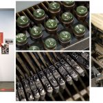Collage of 4 colour photographs showing a 1930s teleprinter on display along with detail close ups of its keys types and mechanism