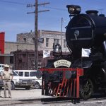 Colour photograph of the Flying Scotsman steam train after restoration in the 1960s in Texas USA