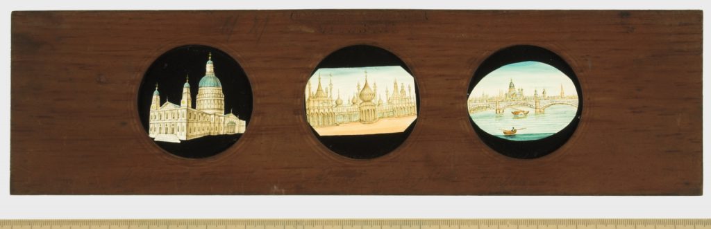 A Copper Plate Slider by Carpenter and Westley showing views of Public Buildings view of Saint Michael Parisian Military Hospital and the Island of Staffa