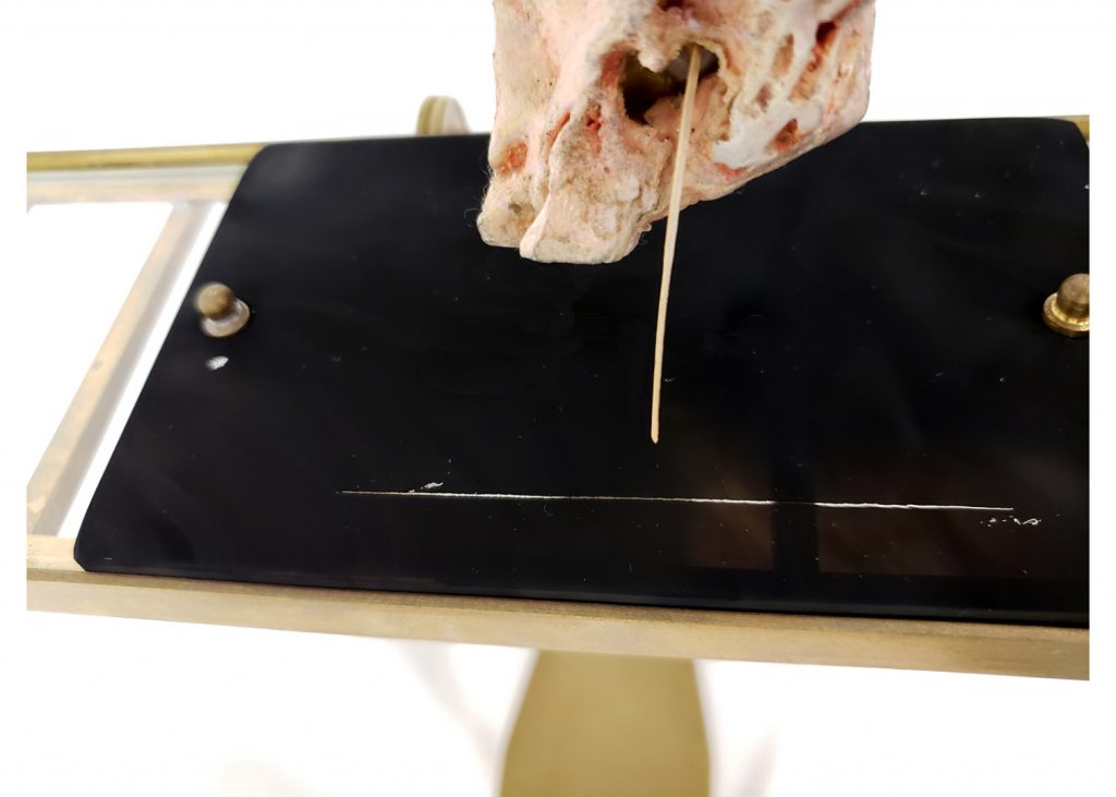 Colour photograph of a 3d printed inner ear attached to a glass etching plate