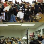Colour photographs of the RCM orchestra recording onto wax disc