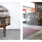 2 colour photographs one of which is of a late 1700s orrery with cast figures of Isaac Newton Benjamin Franklin and James Bowdoin the other of which shows a smooth bronze alloy sculpture on display outside the Putnam Gallery in the Science Center at Harvard University
