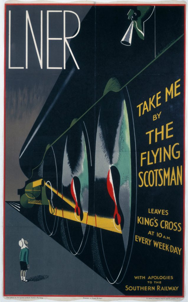Illustrated colour poster from the 1920s advertising travel by the Flying Scotsman steam train depicting a boy looking up at the towering body of the train