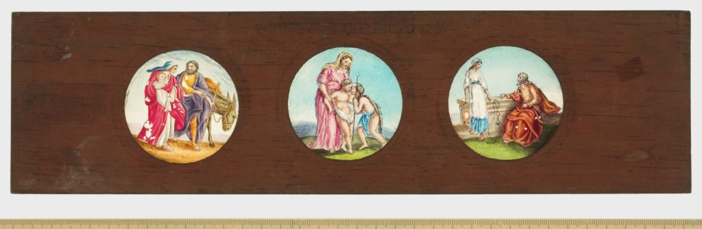 A Copper Plate Slider by Carpenter and Westley showing scripture Subjects The Flight into Egypt the Holy Family and Saint John and Christ and the Woman of Samaria