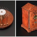 Colour photograph montage showing Wheatstones escapement or dial telegraph showing the transmitter and receiver side by side