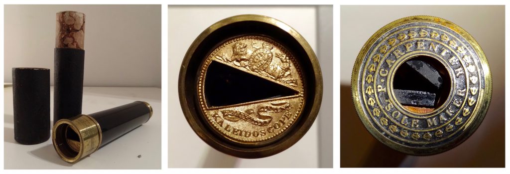 Composite of three colour photographs showing a kaleidoscope made by Carpenter