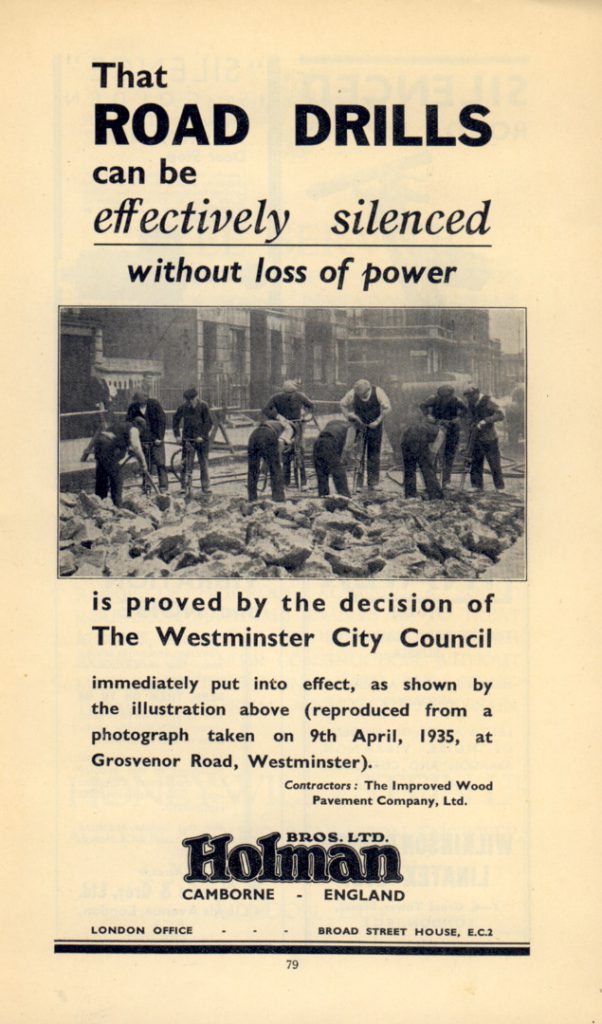 Printed advertisement for a silenced pneumatic drill made by Holman