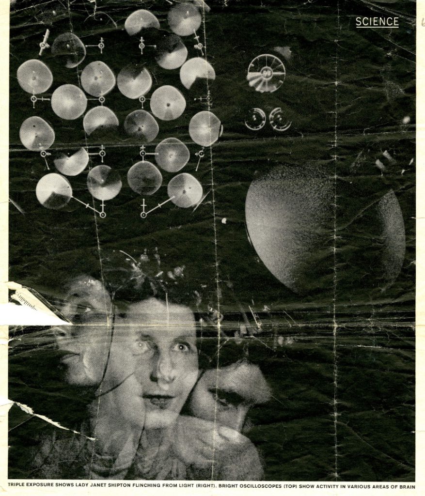 Newspaper clipping showing a triple exposure photograph that shows Lady Janet Shipton flinching from light