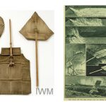 Composite of two images showing a fabric fan for dispersing gas and an illustration demonstrating the fans use on the battlefield