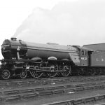 Black and white photograph of the Flying Scotsman steam train after restoration in the 1960s