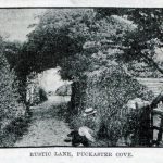 Black and white photograph of a rural lane captioned Rustic Lane Puckaster Cove