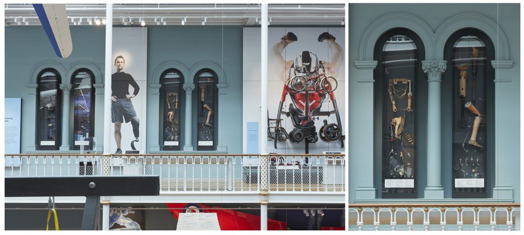Colour photo montage of the Reconstructing Lives exhibition showing prosthetic display cases