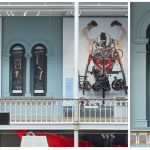 Colour photo montage of the Reconstructing Lives exhibition showing prosthetic display cases