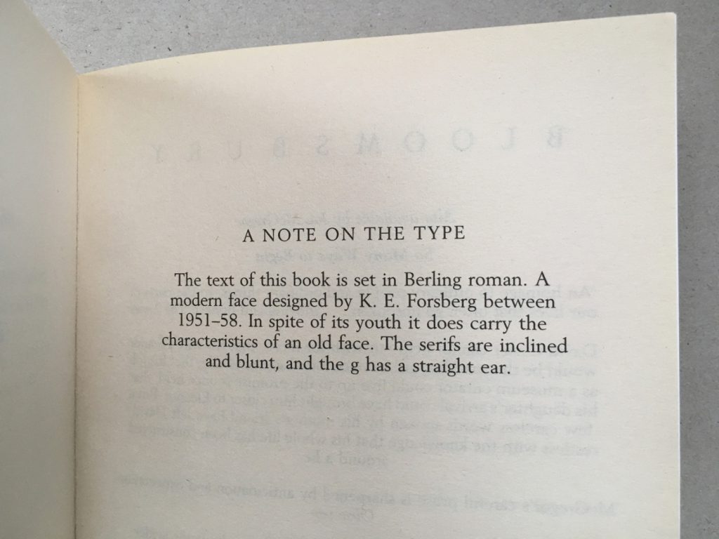 Photograph of the inside page of a commercial book that displays information on the type