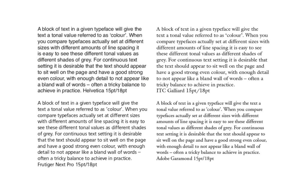 A comparative illustration showing the effect on the overall colour of the text achieved by selecting four different typefaces