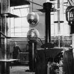 Black and white photograph of a laboratory at Cambridge University