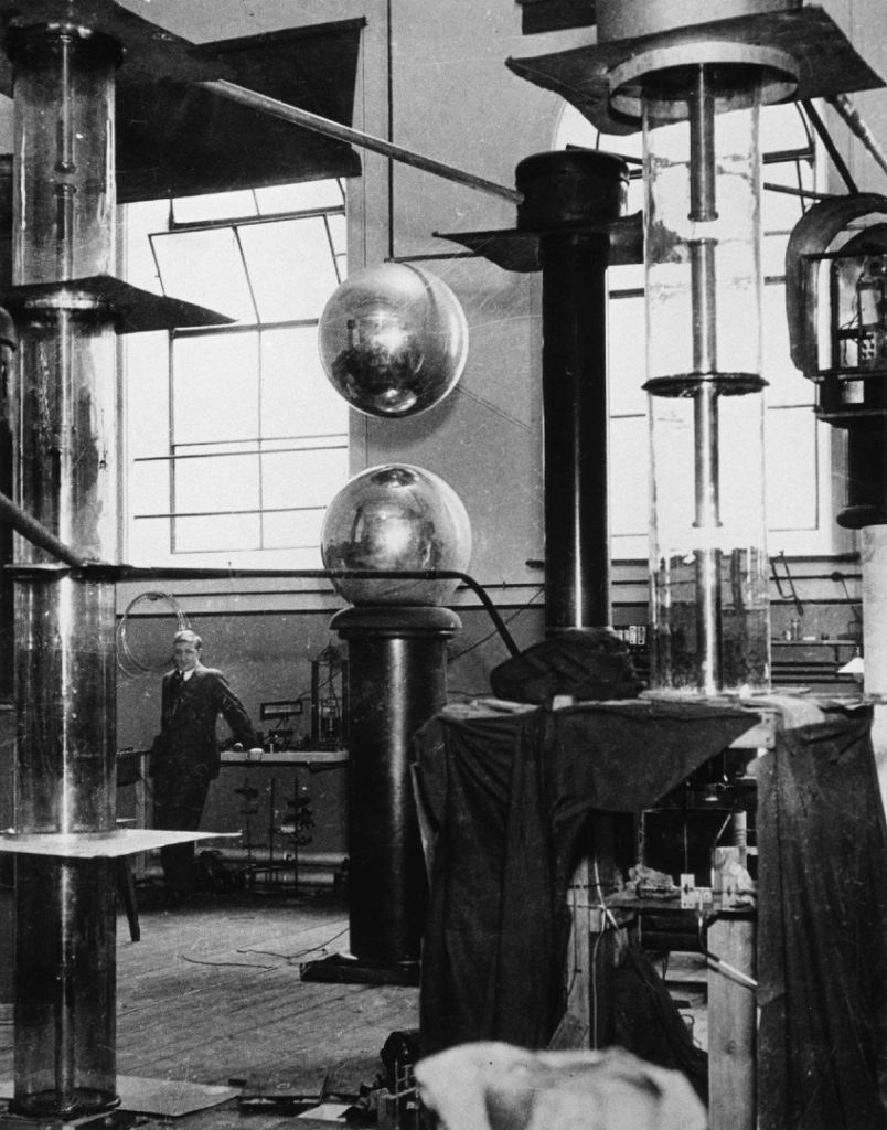 Black and white photograph of a laboratory at Cambridge University