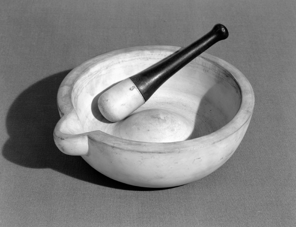 Black and white photograph of a Wedgwood mortar and pestle