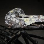 Colour photograph of an old bicycle showing mould groth on the leather seat