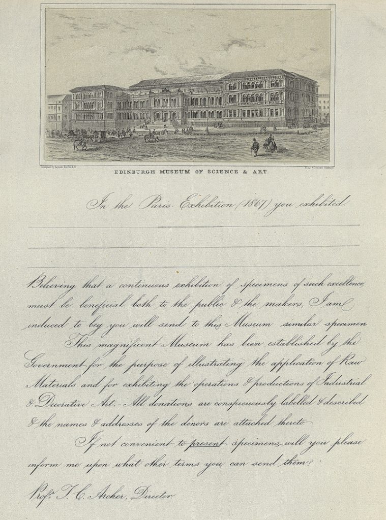 Proforma letter from the Edinburgh Museum of Science and Art requesting specimens for display