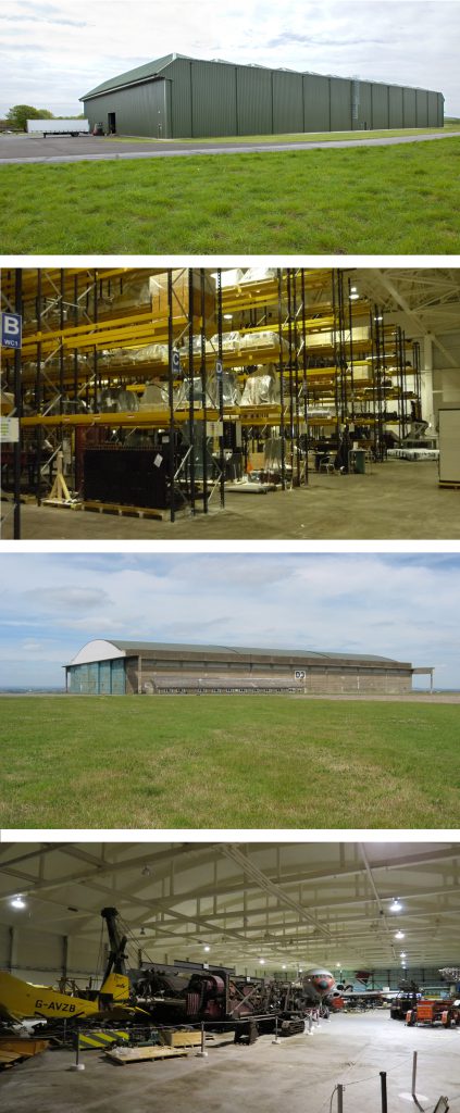 A set of four colour photographs showing a large green storage hangar