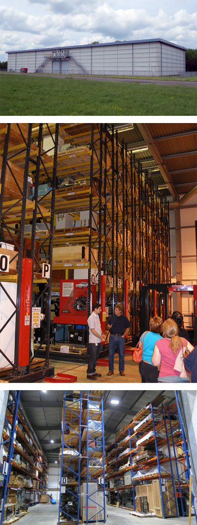 A set of three colour photographs showing an outdoor storage warehouse unit static storage racking and mobile storage racking